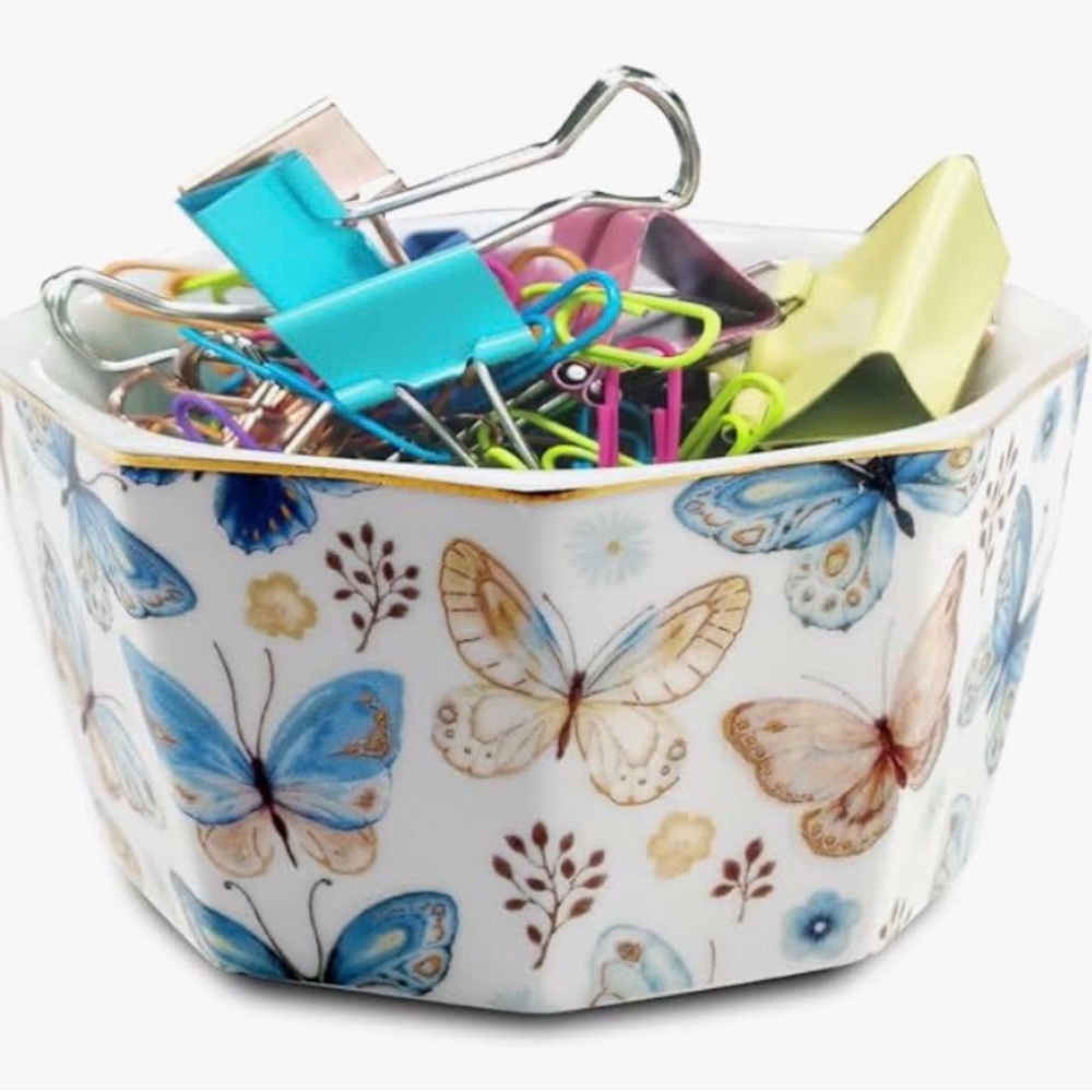 Ceramic paper clip or pin holder with butterflies and gold trim NWT